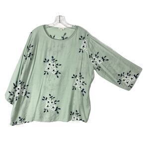 nwot KINDRED ANTHROPOLOGIE Top Tunic Blouse 2X Floral Embroidery Green White